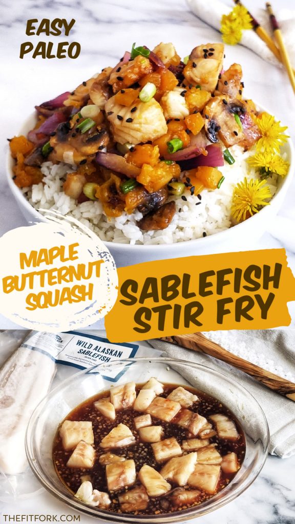 Maple Squash Sablefish Stir Fry is an easy and Paleo-friendly fish dinner that comes together quickly. Maple syrup and butternut squash give an amazing fall flavor, while the nutrition benefits of sablefish (black cod) are unmatched -- a leader in omega 3 heart-healthy fats.  Check out this recipe and use code FITFORK at sitkasalmonshares.com to order this and more Alaskan seafood shipped straight to your door. 