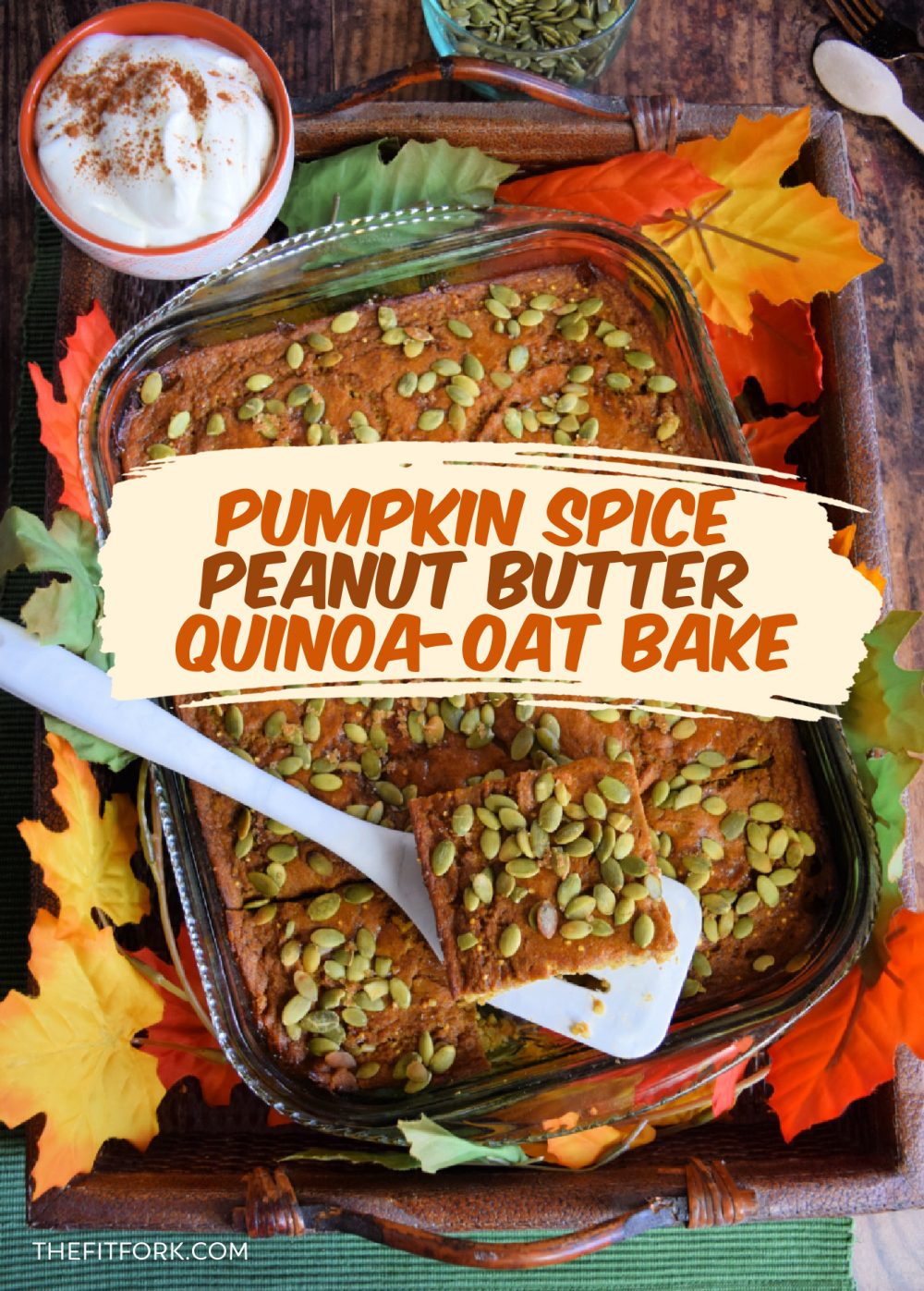 Pumpkin Spice Peanut Butter Quinoa Oat Bake is a hearty, healthy, wholesome morning meal that is easy to meal prep for breakfast on the go. Filled with whole grains, fiber, lower carbs thanks to sugar swaps, and protein from peanut butter powder. Freezer friendly and gluten free, Visit thefitfork.com for more clean eating recipes. 