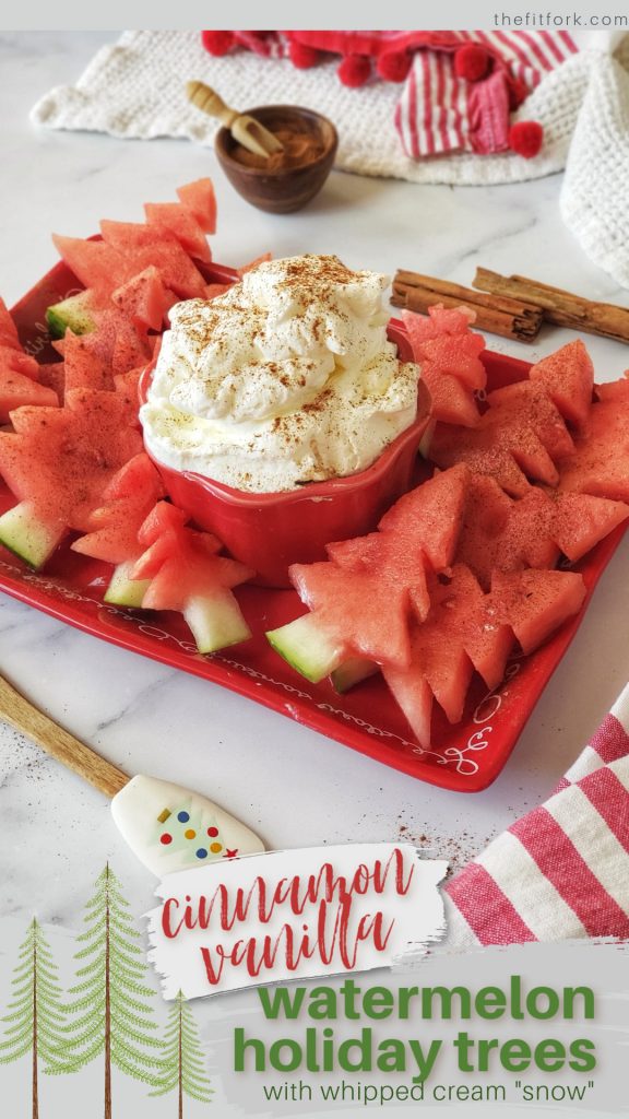 Cinnamon Vanilla Watermelon Trees with Whipped Cream Snow is a fresh, healthy treat for your holiday dessert or brunch buffet! A hit with young and old alike, sweet but not sugary and the cinnamon-vanilla flavor comb is amazing with fruit. For more clean eating and holiday ideas, visit thefitfork.com