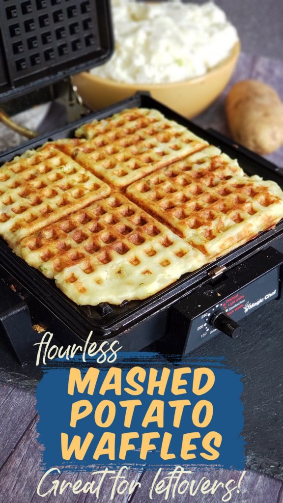 Leftover Mashed Potato Waffles  are a great way to use up excess from a Thanksgiving holiday meal or Sunday dinner.  Made only with egg and mashed potatoes (and whatever you use to make your favorite masked potatoes). No flour of any type, so these waffles are gluten-free and Whole-30 compliant.  If you want to meal prep for breakfast, snack or any other meal, just let waffles cool completely and then stick in the freezer! For more healthy leftover recipes and quick meal inspo, visit thefitforkkom