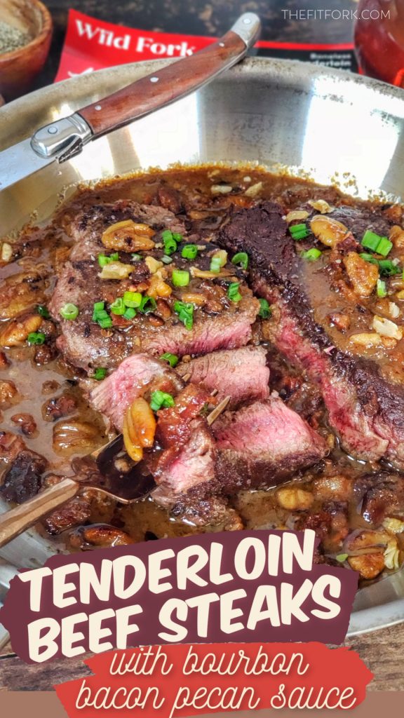 Beef Tenderloin Steaks with Bourbon Bacon Pecan Sauce is a show-stopping yet easy 30-minute meal. Guests will be impressed by the sauce as it flambés on the stove top. A great date night meal for two. 