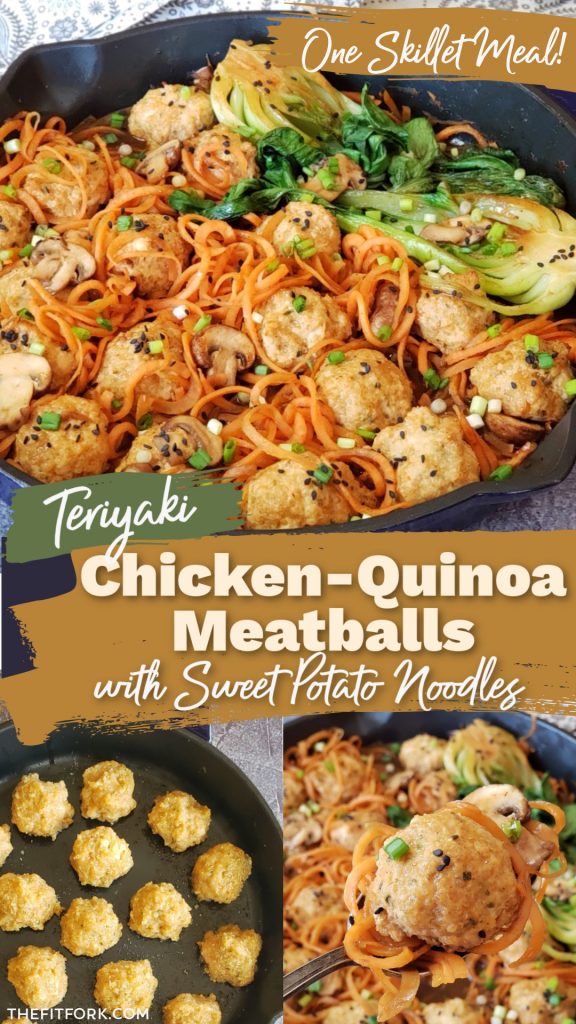 Teriyaki Chicken-Quinoa Meatballs with Sweet Potato Noodles -- a one-skillet supper! This flavorful, Asian-inspired take on meatballs is a balanced meal in one dish! Gluten free.