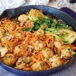 Teriyaki Chicken-Quinoa Meatballs with Sweet Potato Noodles -- a one-skillet supper!