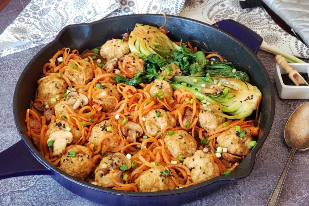 Teriyaki Chicken-Quinoa Meatballs with Sweet Potato Noodles -- a one-skillet supper!