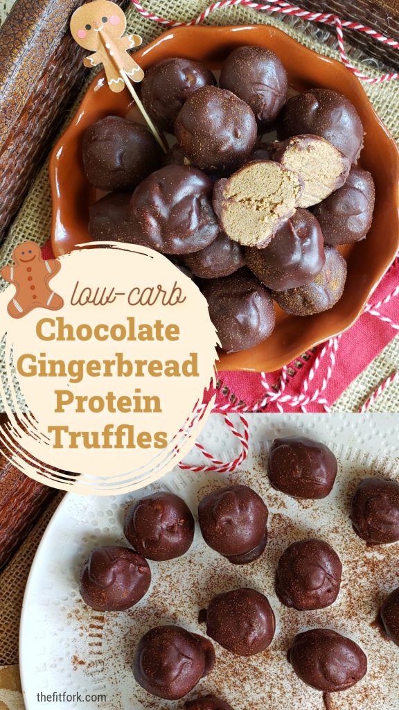 Enjoy all the signature flavors of the holiday season with these quick and easy chocolate gingerbread truffles that incorporate plant-based protein powder and sugar-free products to create a low-carb treat and alternative to Christmas cookies and candy! Makes a great post workout snack too with 5.5g protein and 5g net carb. 