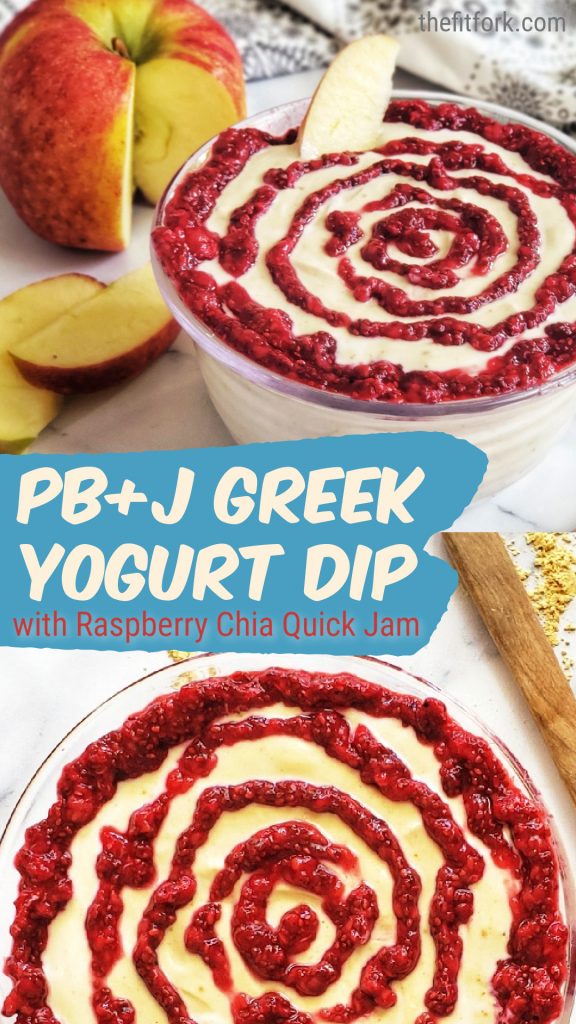 Create a quick and easy sweet dip with Greek yogurt, peanut butter powder, a little stevia for sweetness and a quick jam made of raspberries and chia seeds! A smart snack, pair with apple slices or even whole grain cinnamon pita chips.