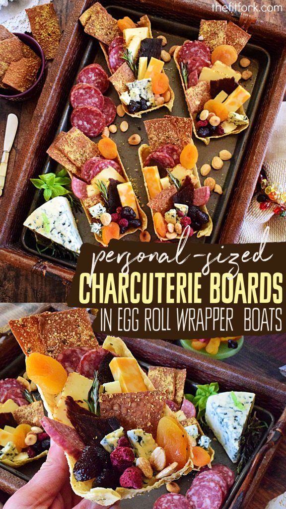 Personal Sized Charcuterie with Edible Egg Roll Wrapper Boat - is a cute and creative idea for your next gathering. Everyone gets their own tray of snacks, portable and ready to party! Edible tray made with pre-made egg roll wrappers -- super easy and convenient! 