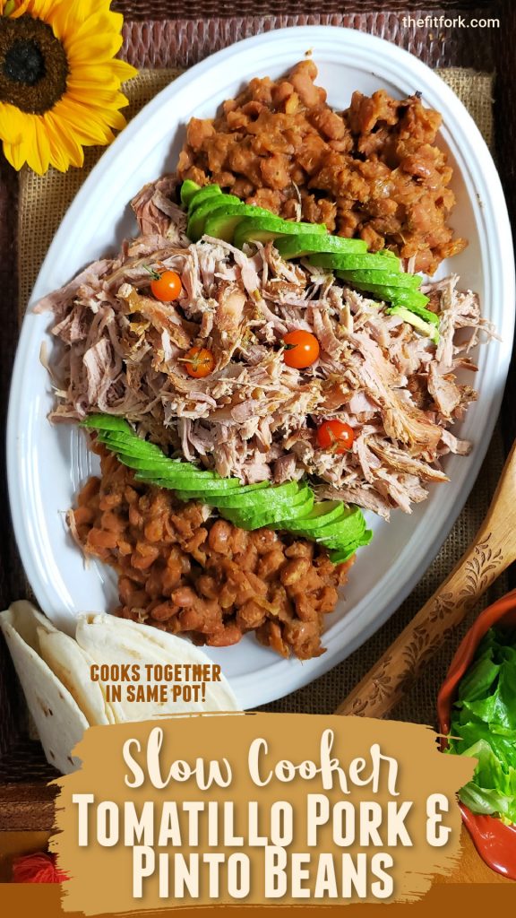 Tomatillo Pork Sirloin Roast in Slow Cooker makes taco night a breeze! A lean but juicy pork sirloin roast cooks up together with soft, flavorful pinto beans! It's a 4-ingredient crock pot recipe, and great for meal prep. 