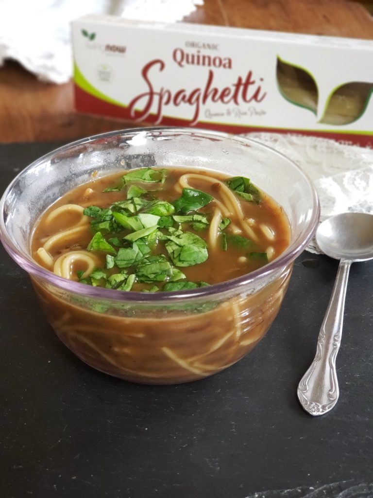 Canned French Onion Soup upgrade with quinoa noodles