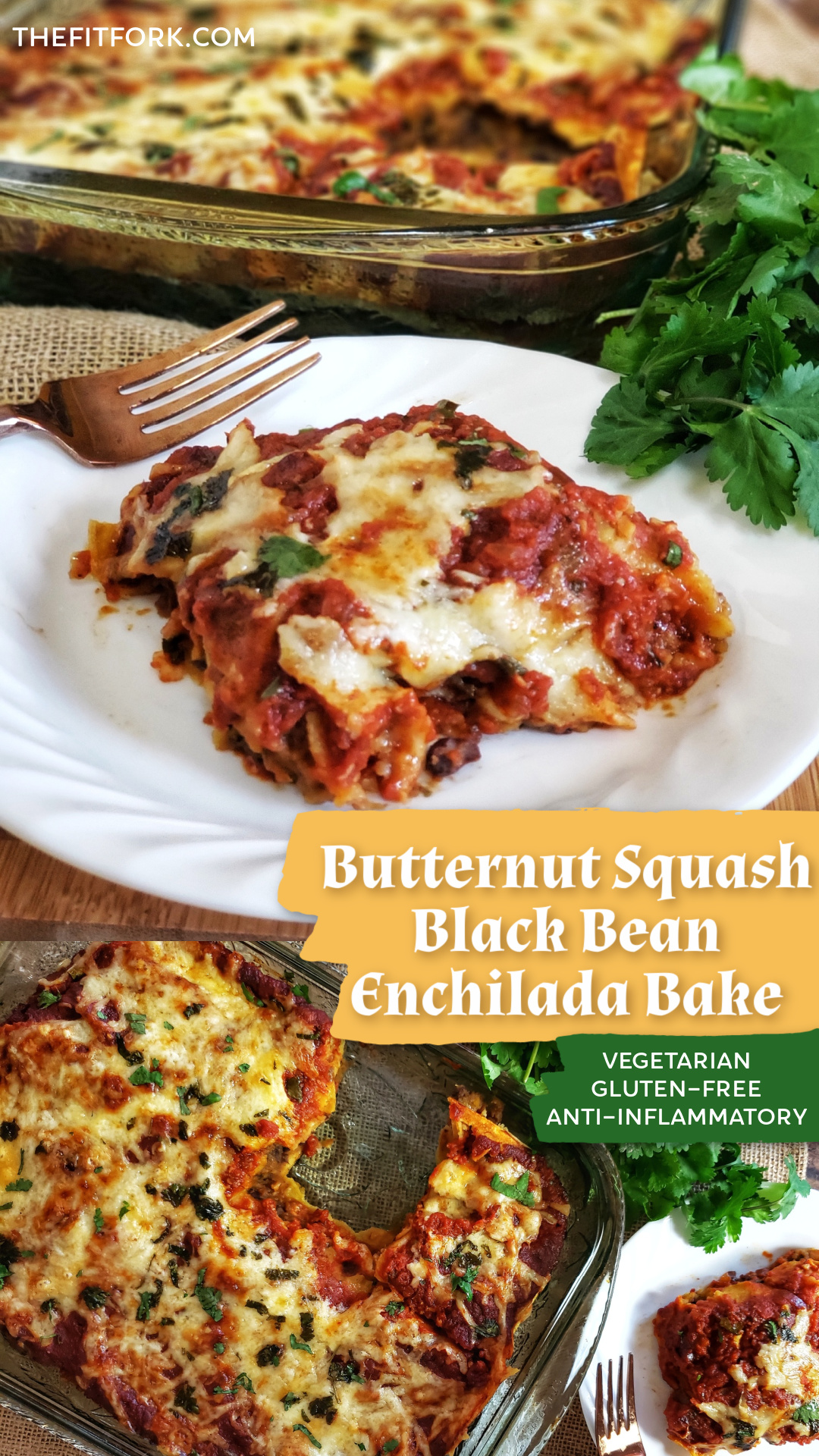 Butternut Squash Black Bean Enchilada Bake is a nourishing, family-friendly casserole suitable for gluten-free, vegetarian and anti-inflammation diets. Hints of southwestern spices, but not "hot," so the kids will love it -- tons of fiber and vitamins plus easy to make ahead and freezer friendly. Cut into squares and freeze for quick and easy weeknight dinners.