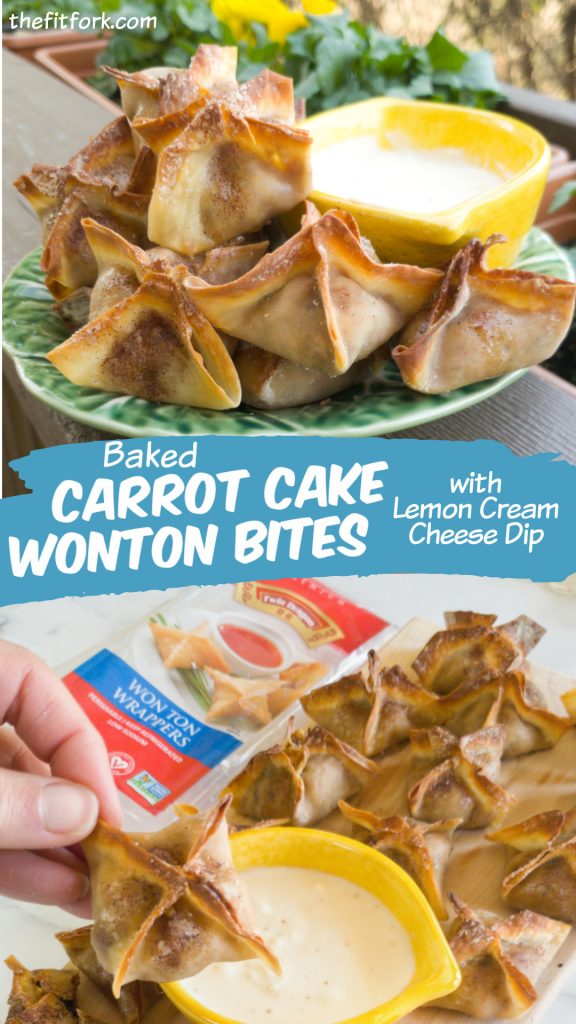 Carrot Cake Wonton Bites with Lemon Cream Cheese Dip are a creative an fun finger food dessert for your next party or spring entertaining -- a healthier dessert.