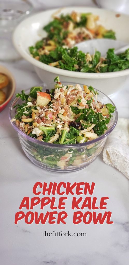 Quick and convenient, this kale salad is packed with nourishing ingredients like chicken, apples, dates, almonds, whole grains -- and dressed in your favorite balsamic dressing.  The greens hold up well in the fridge for a couple days (even dressed), so great for meal prep and make ahead lunchbox meals. For more lean eating recipes, visit thefitfork.com