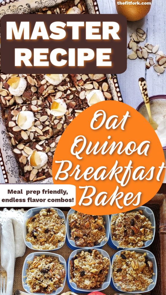 Make a hearty, healthy breakfast bake featuring quinoa and oats. Instead of making a mess cooking on the stove top, this master recipe allows you to make in a casserole dish in the oven. To upgrade the master recipe there are endless ideas for flavor combinations and mix ins like nuts, fruit, protein powders, and more! Cuts nicely into squares and can be frozen for breakfast meal prep. For more clean eating recipes, visit thefitfork.com