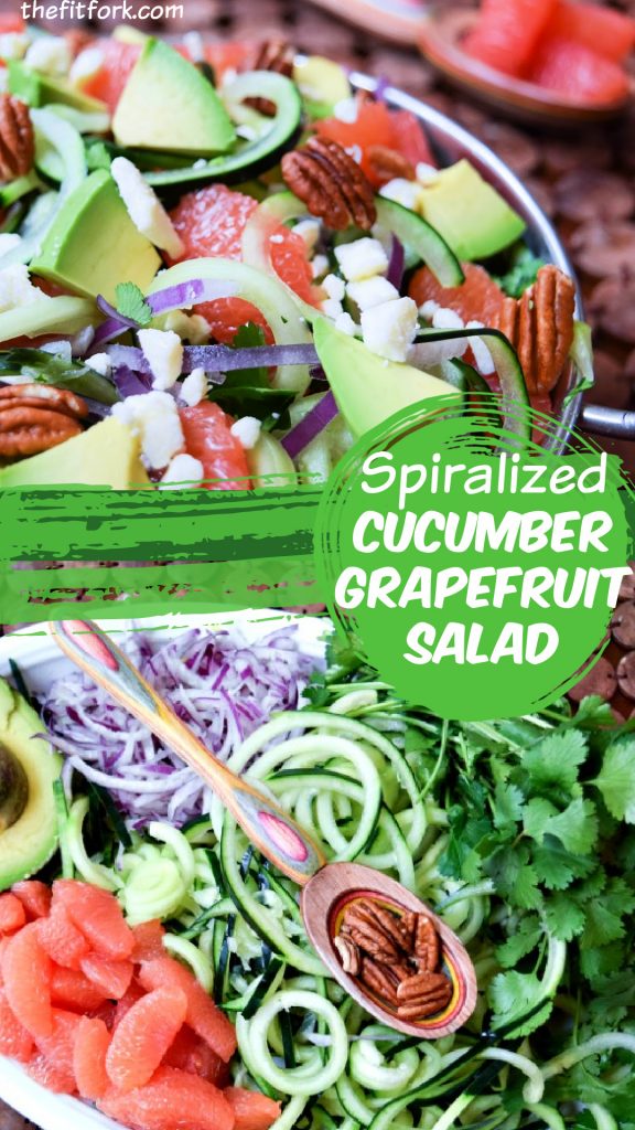 You'll love this Spiralized Cucumber, Grapefruit and Avocado Salad with Creamy Avocado Ranch Dressing.  It's vibrant and very convenient, relying on the delicious, juicy grapefruits and other veggies found in the produce department this time of year. For more clean eating recipes visit thefitfork.com