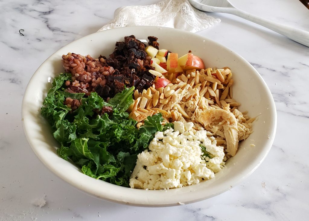 Healthy and wholesome ingredients in this chicken apple kale power bowl