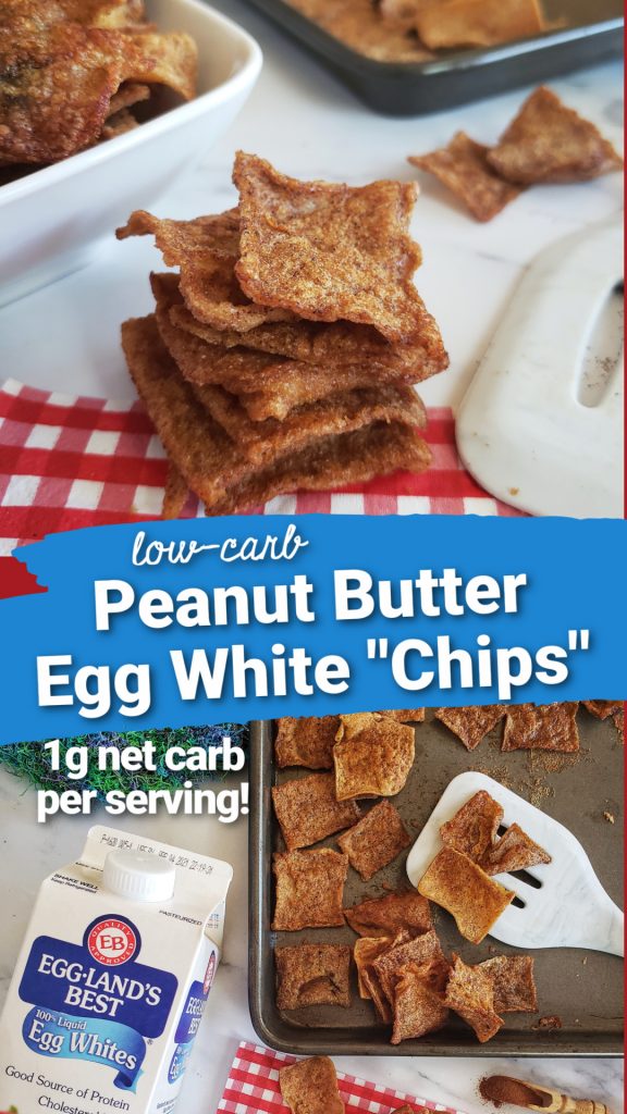Whether you call it a chip or cracker, I call this low-carb snack super yummy!  Made from egg whites, peanut butter powder, cinnamon and stevia  this keto-friendly recipes has almost no carbs or fat and a good source of protein. So addictive, you'll love them for entertaining or as a grab-and-go snack after a workout. 50 calories, 1g net carb and 8g protein per 12-chip serving.