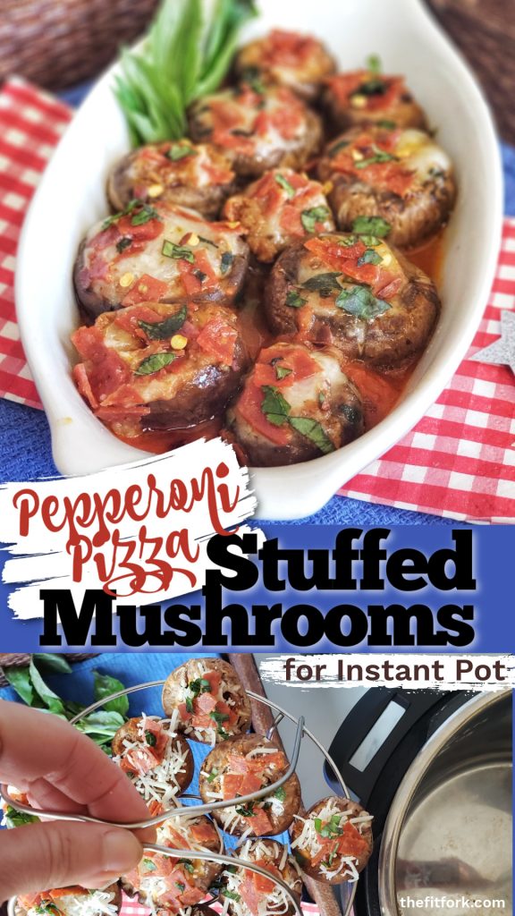 Pepperoni Pizza Stuffed Mushrooms for the Instant Pot are a quick and easy hot appetizer that is low-carb, gluten-free and low in calories. A great choice for game day parties, entertaining, or as a side dish or snack.