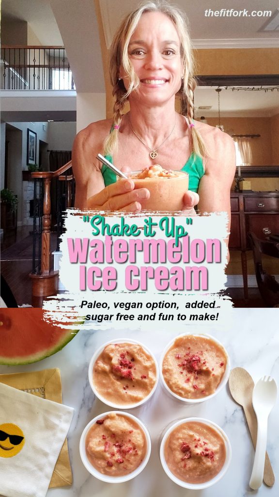 “Shake It Up” Paleo Watermelon Ice Cream - no ice cream machine or freezer necessary. Simple ingredients poured into a zip-top baggie and then place into a container with ice and salt. Then, it’s a 15-minutes of shake-shake-shaking to create a creamy frozen dessert treat that is added sugar free, lower carb, Paleo-friendly and with a vegan option. A fun family activity and way to sneak exercise into your day. #Ad