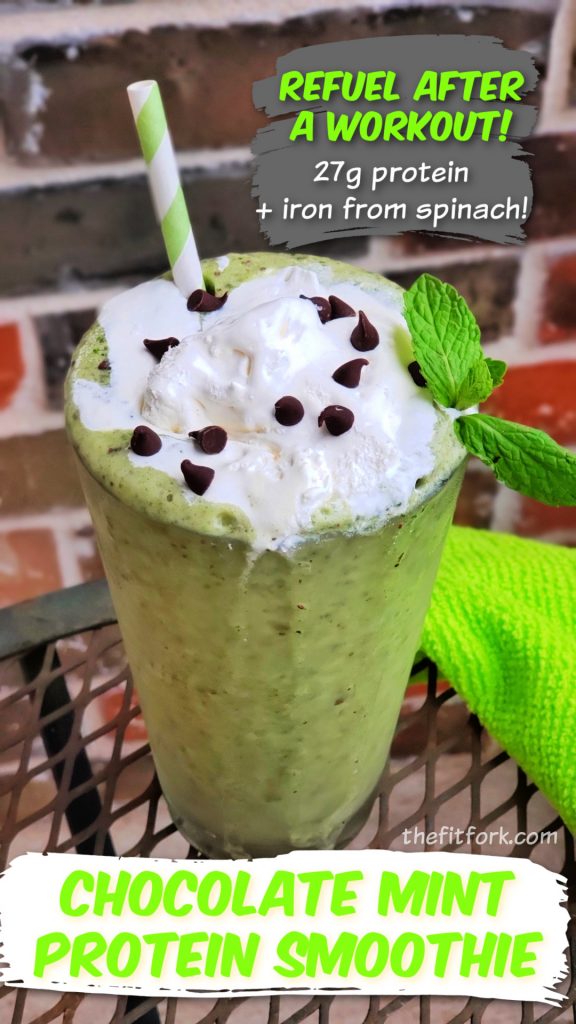 Enjoy St. Patrick's Day or any day with this better-for-you version of a green shamrock shake -- featuring fresh spinach and mint plus other key ingredients like protein powder and a few sugar-free chocolate chips! A great post-workout snack or breakfast on the go. Get more clean eating recipes at thefitfork.com