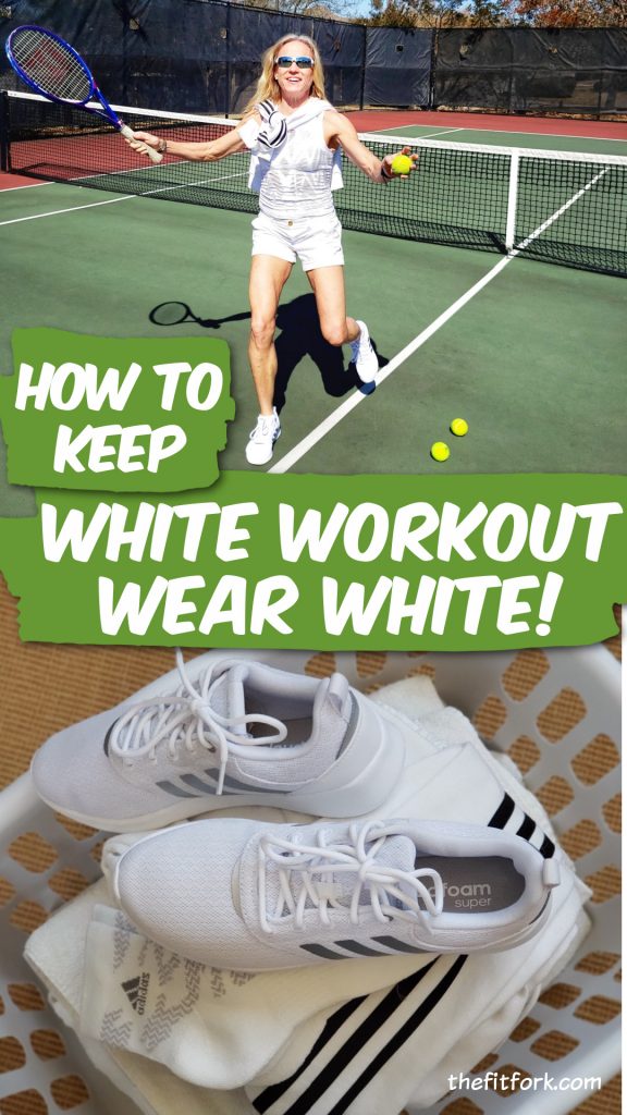 Get tips on how to keep white workout wear, athletic shoes and fitness gear bright white! Learn all the secrets of how to remove stains and dingy grey. Learn more at thefitfork.com