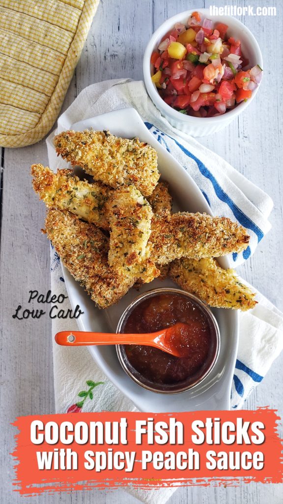 Crispy fish sticks are a family favorite and this easy fish dinner is made with lingcod, cold, pollock, halibut or other firm white fish and served with a simple three ingredient sauce. Paleo friendly, low carb and gluten-free -- perfect for Lent and also busy week night meals as only 25 minutes prep to  plate.