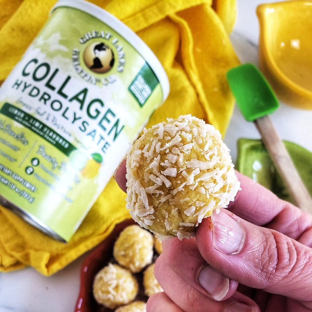Low Carb Lemon Coconut Bites are no-bake, delicious and suitable for keto and gluten-free diets. Also uses collagen powder for added protein and wellness benefits!  Save 10% at GreatLakesGelatin.com with discount code: THEFITFORK10OFF