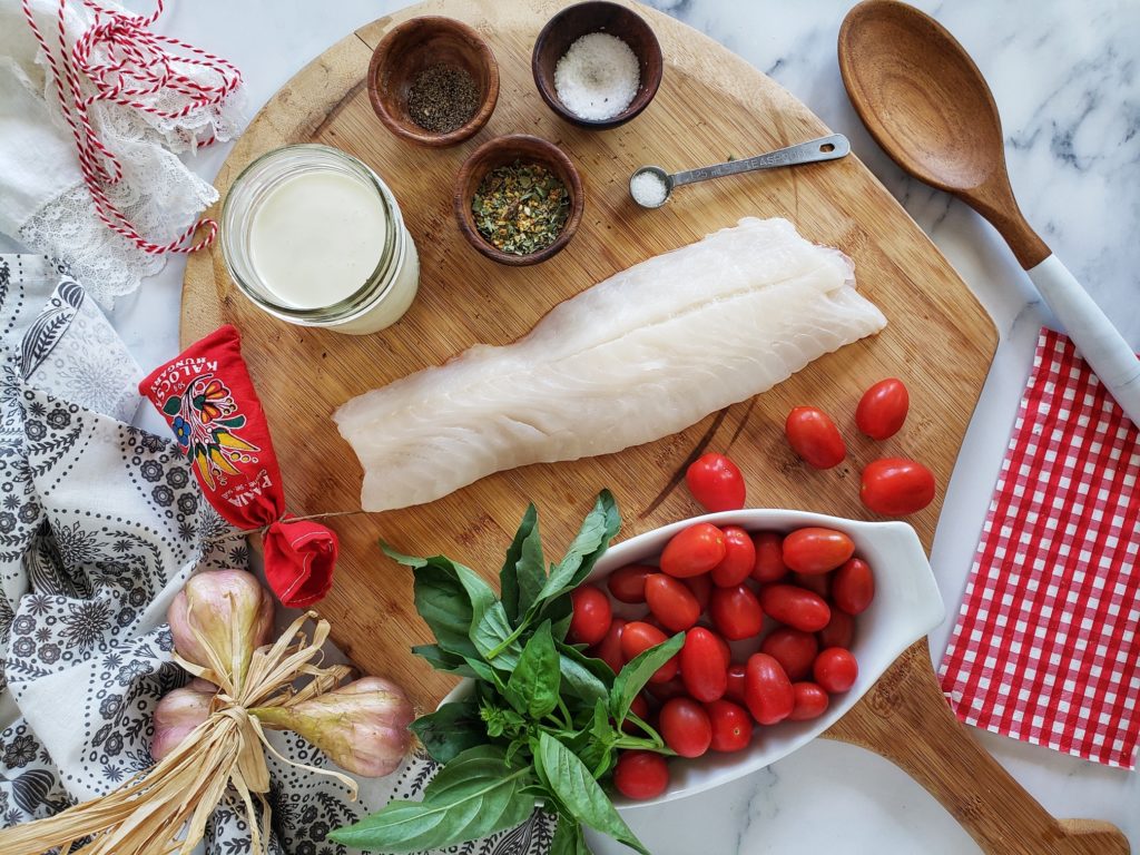 Ingredients for Lingcod with creamy burst tomato sauce