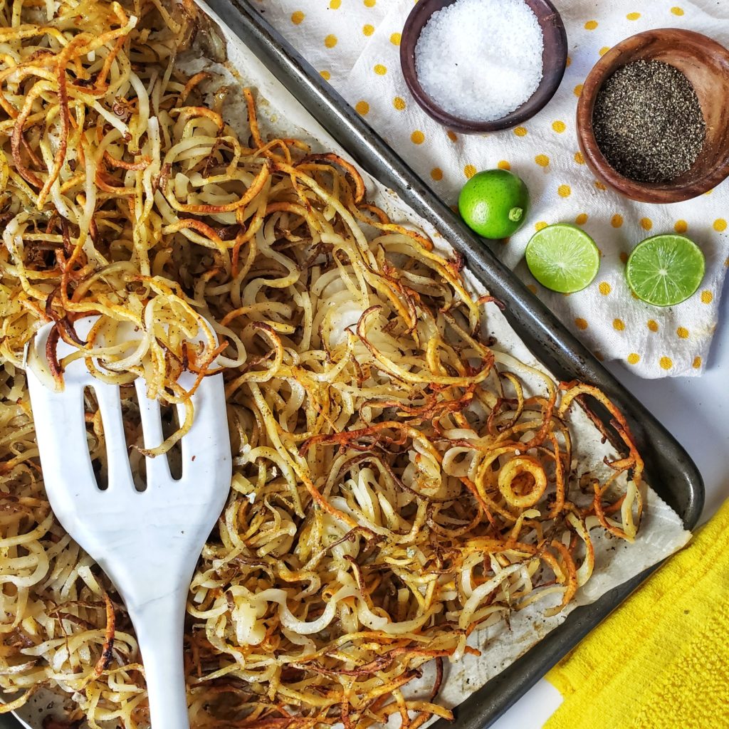 [Sheet Pan] Spiralized Chili-Lime Hash Browns . . . and easy, economical and nutritious potato side dish for any meal of the day! And, oh yeah, AMAZINGLY delicious. 
