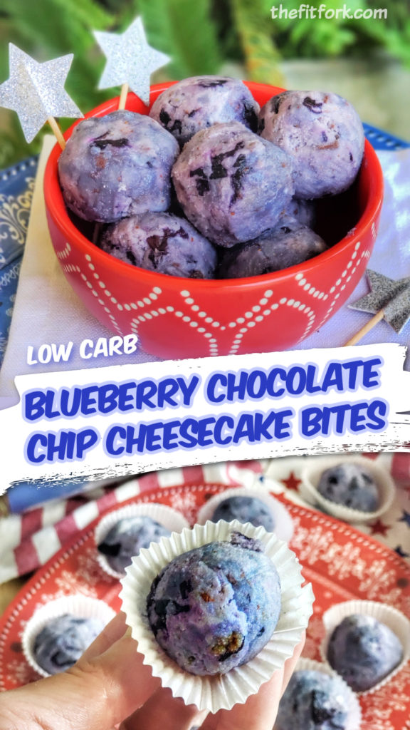 These blueberry chocolate chip cheesecake inspired "bites" satisfy your sweet-tooth with no added sugar. Plus, added collagen gives a protein boost to provide a sustaining snack and post-workout refuel. Super easy, no bake! Low carb and keto friendly. For more clean eating recipe inspo, visit thefitfork.com