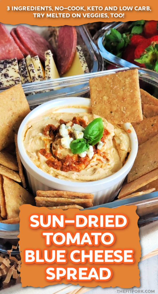 Only 3 ingredients and even fewer minutes needed to make this easy low carb appetizer.  Bold, creamy and amazing on crackers to melted on chicken or steaks, this tomato blue cheese spread will please! No cook, suitable for keto diets, and gluten free. Only 45 calories and 0.6g carb per serving.