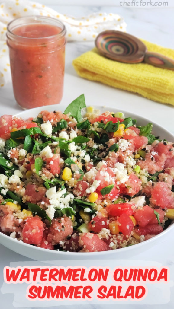 Celebrate summer with this cool, refreshing vegetarian salad that offers enough protein to make it a meal! Watermelon, corn, spinach, seeds, queso fresco and cheese come together with a dressing made from olive oil and fresh watermelon jicama salsa. For more clean eating recipes and salad ideas, visit thefitfork.com