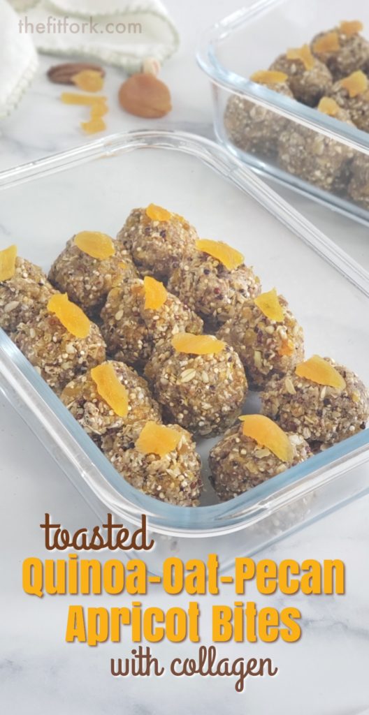 Nourishing and delicious, these little wholesome balls of goodness feature toasted quinoa, oats and pecans -- along with apricots, maple syrup and collagen for a protein boost! A great breakfast on the go, anytime snack or for after workouts instead of a protein bar!