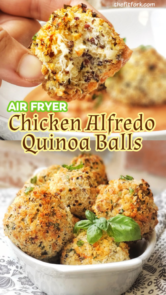 Chicken Alfredo Quinoa Balls are inspired by one of my favorite indulgent Italian meals, creamy Chicken Alfredo and hot, crispy Arancini (those delicious little balls of deep-fried rice or risotto) – but made more nutritious. So quick and simple to make, and definitely kid-friendly, these delicious morsels can be served as an appetizer or served on sauce as a meal. Visit thefitfork.com for more Instant Pot and Air Fryer recipes with great nutrition to fuel a busy and active lifestyle. 

The Instant Pot Duo Crisp  (that's also an air fryer) is the perfect appliance to make this simple recipe even more quick and convenient.