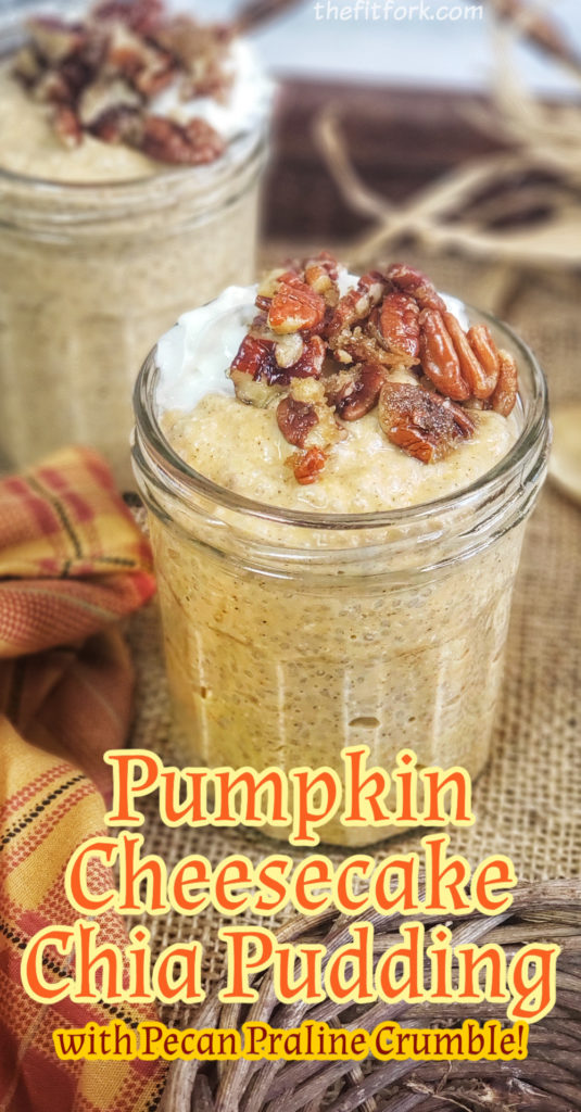 Pumpkin Cheesecake Chia Pudding with Pecan Praline Crumble makes a quick, easy and nutritious breakfast, snack or healthy dessert.  Natural sweeteners used to keep the carbs low and cottage cheese to help boost the protein -- plus more than 1/2 daily requirement for fiber!  For more clean eating recipes, visit thefitfork.com