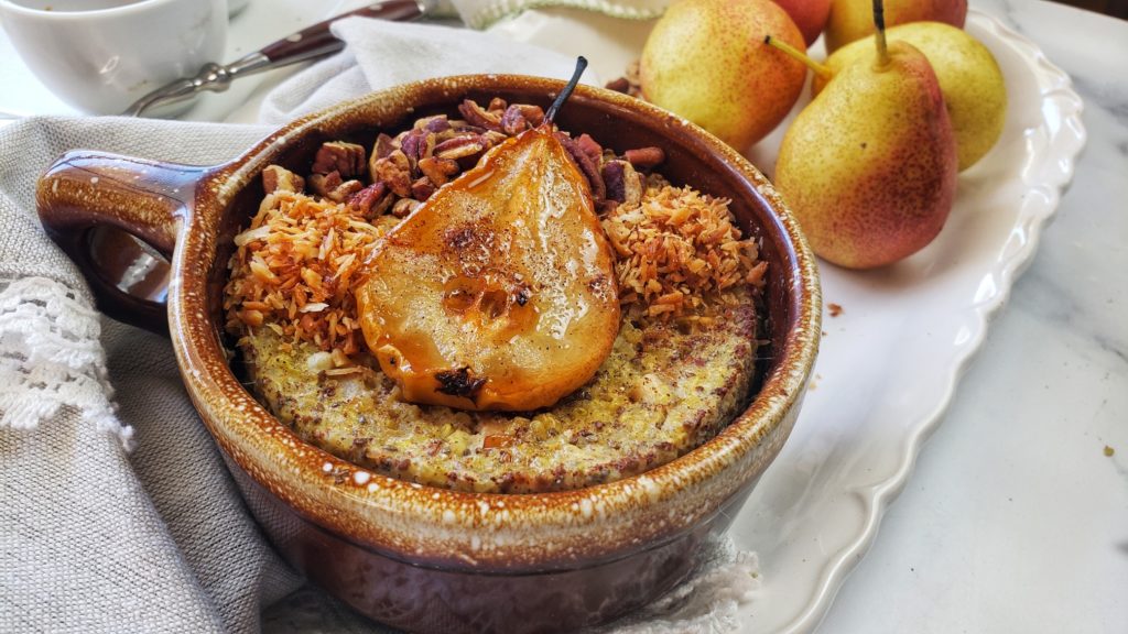 Treat yourself to a warm and cozy breakfast, enjoy the health benefits and nourishment of quinoa studded with chia seeds, pears, pecans and toasted coconut! So delicious and only 5 to 6 minutes to make!  