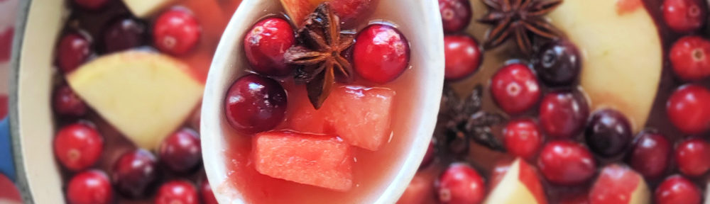 This easy-to-make warm punch featuring watermelon juice is naturally sweet and delicious, bejeweled with fruit and fragrant with seasonal spices. Brandy optional! Perfect for holiday entertaining, including brunches, open houses, cocktail parties and more!