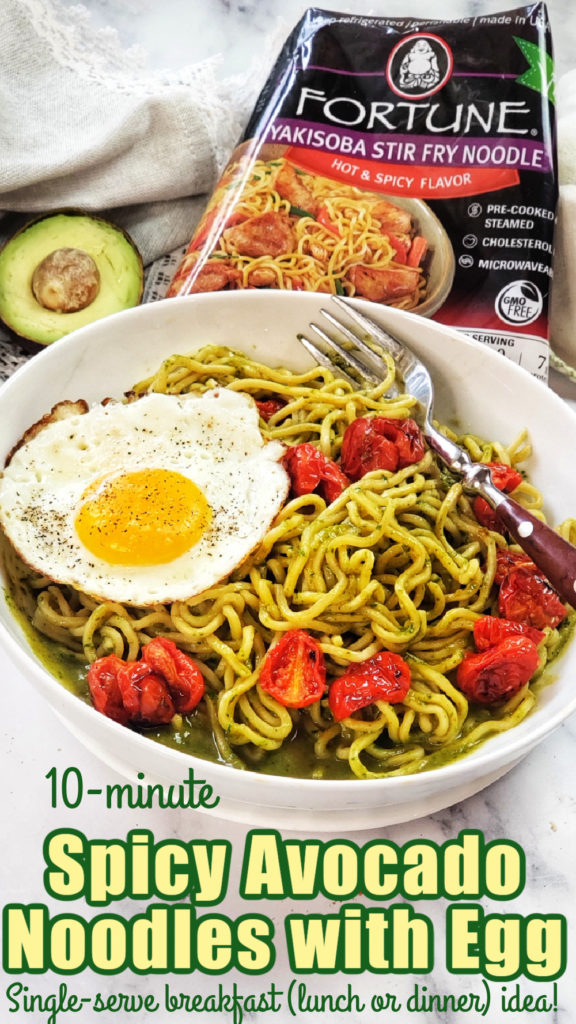 Make a nourishing, balanced noodle bowl for breakfast in just 10 minutes! Thanks to pre-cooked, fresh noodles and a no-cook sauce featuring spinach and avocado! Also perfect for lunch or dinner! Serves one, great on those solo days!