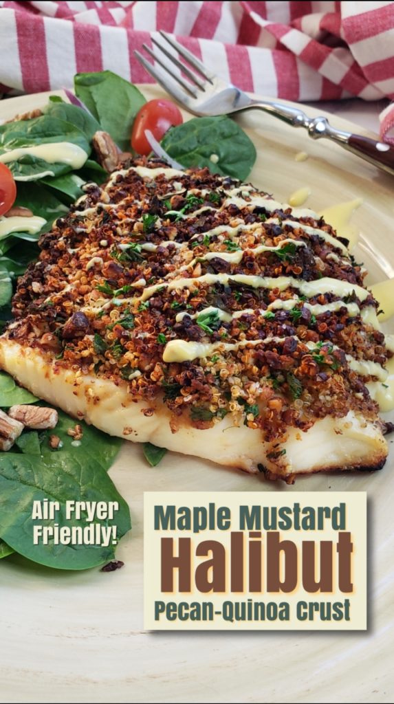 Deliciously flakey and moist with a satisfyingly crunchy topping, this easy halibut recipe only takes 5 minutes to prep and 10 minutes to cook in an air-fryer.