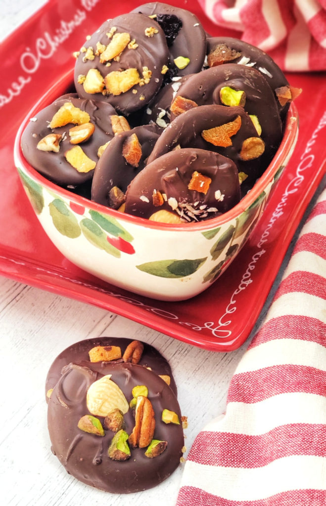 Quick and easy, these yummy chocolate candies called Mendiant (a French word) just need a bag of chocolate chips and a couple tablespoons each of dried fruit, nuts, seeds or whatever other ingredients you like paired with chocolate. Use sugar-free chocolate chips for a low-carb, keto-friendly treat.