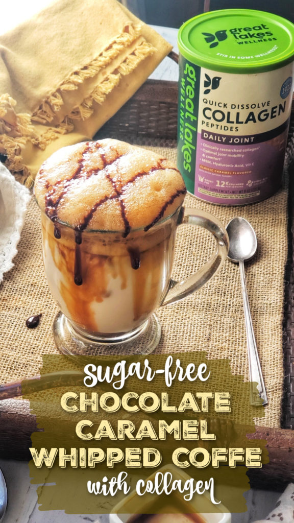 Sugar Free Chocolate Caramel Whipped Coffee is an impressive yet easy coffee beverage to make -- and much more economical than going out, too! Serve warm or cold over ice. Low carb and friendly for Keto diets, diary-free, vegan and paleo diets. Collagen adds additional nutrients along with a protein boost. 128 cal, 2g net carb, 5.6g fat, 14.3g protein
