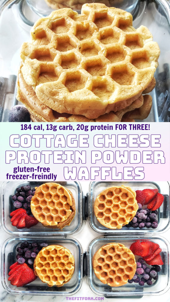 These easy gluten-free protein waffles feature a plant-based protein, eggs, cottage cheese and amaranth flour for a powerful punch of protein. Only 184 cal, 13g net carb, 6g fat for a THREE WAFFLE serving that totals 20g protein! Boom!  Freezer friendly, meal prep a batch for a breakfast solution on busy mornings.  For more protein powder recipes and fit meals to fuel an active lifestyle, visit thefitfork.com
