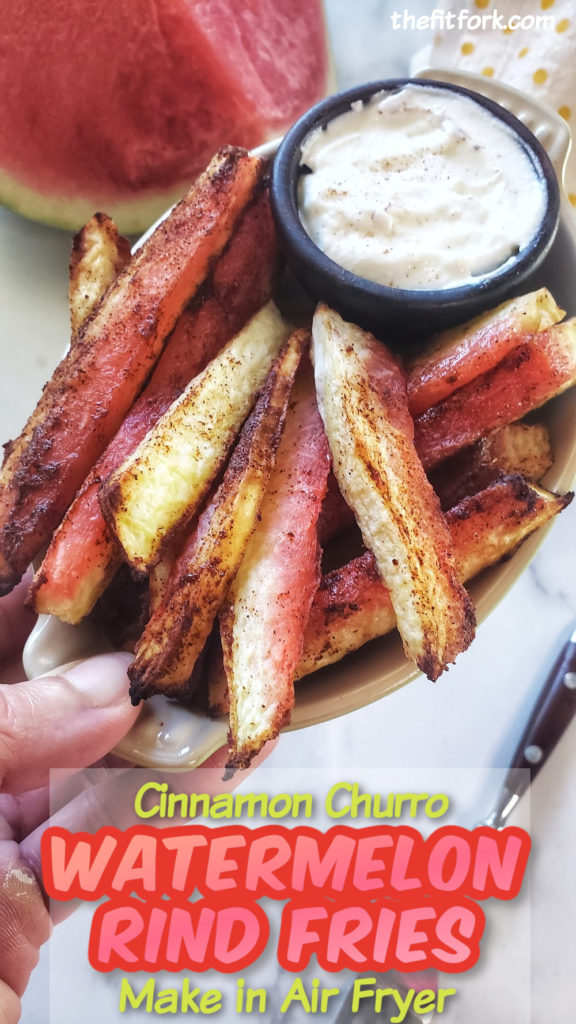 Cinnamon Churro Watermelon Rind Fries made in Air Fryer, a healthy snack that uses the whole watermelon. Economical and reduces food waste!