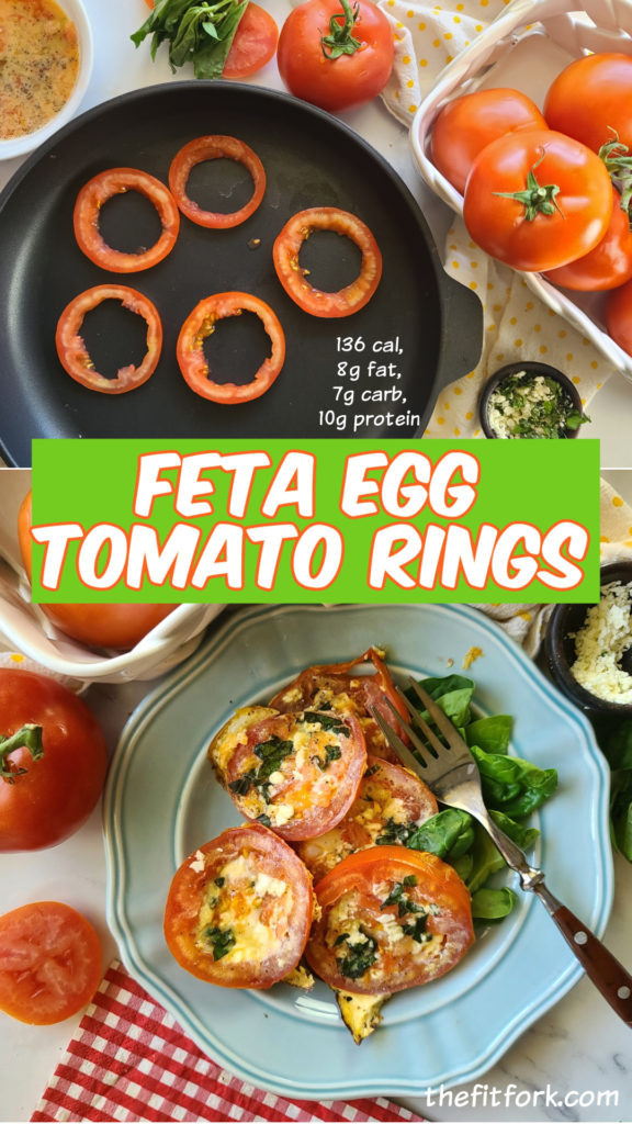 Any which way you slice it, this quick egg recipe is delicious and tastes like summer with sweet, ripe tomato, herby basil and salty feta cheese.  Low-cal, but still lots of protein, a great quick breakfast or lunch idea.  Find more healthy recipe to fuel an active lifestyle at thefitfork.com