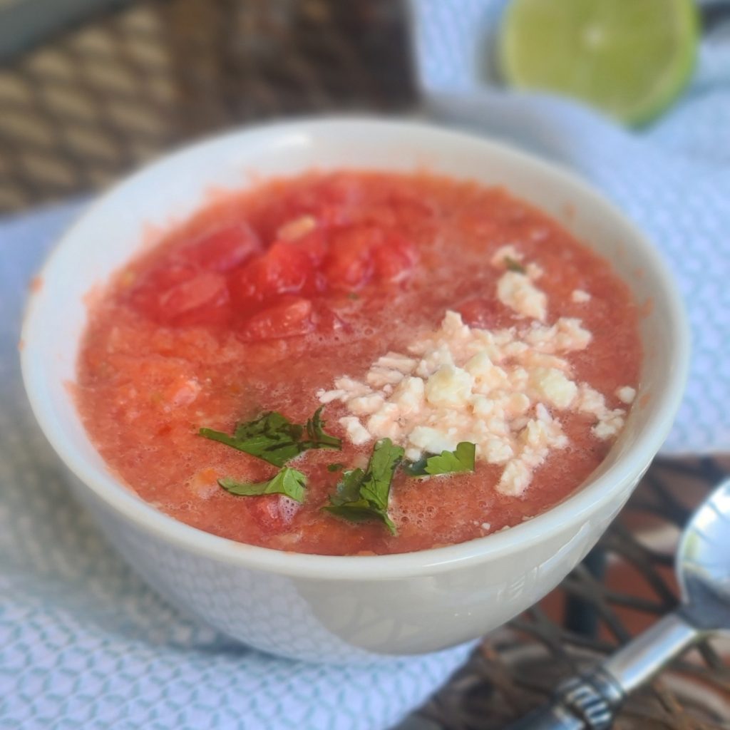 Refreshing and just for you! Whip up a single-serving batch of this hydrating, delicious cold soup made with watermelon, cucumbers and tomato -- no-cook and ready in minutes.
