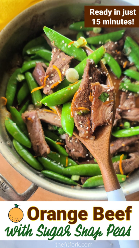 Vibrant and citrus-y, this lightly spicy-sweet orange beef stir-fry made with steak is sure to please on busy nights! It comes together in just 15 minutes, lots of veggie goodness with the sugar snap peas, and 100% beats going for takeout!  