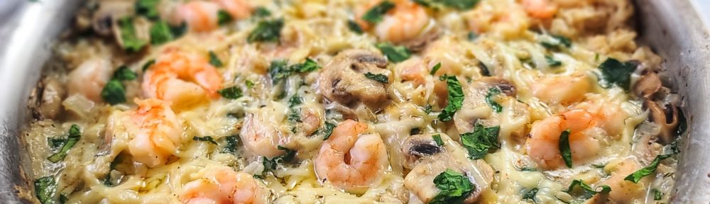 Prep to plate in 30 minutes! You can also make ahead and store this shrimp casserole in the fridge until ready to bake. Loaded with protein, veggies and healthy whole grains in a comforting, cheddar cheese sauce.