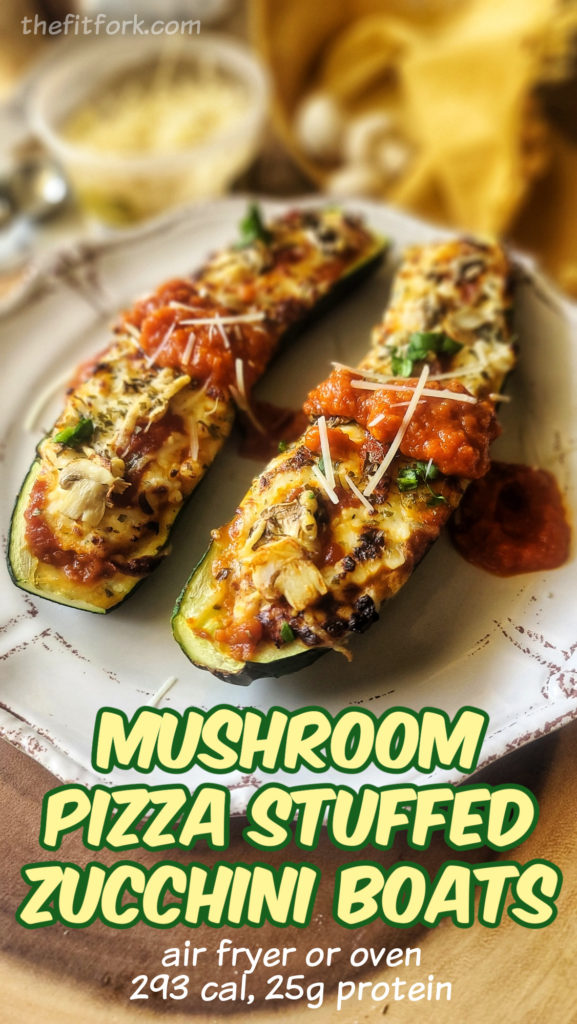 Quick, easy, delicious and nutritious, these cheesy, saucy stuffed zucchini boats will remind you of a mushroom pizza - -but without the crust, so lower calorie, lower carb and gluten-free. A great way to use up a bumper crop of squash!