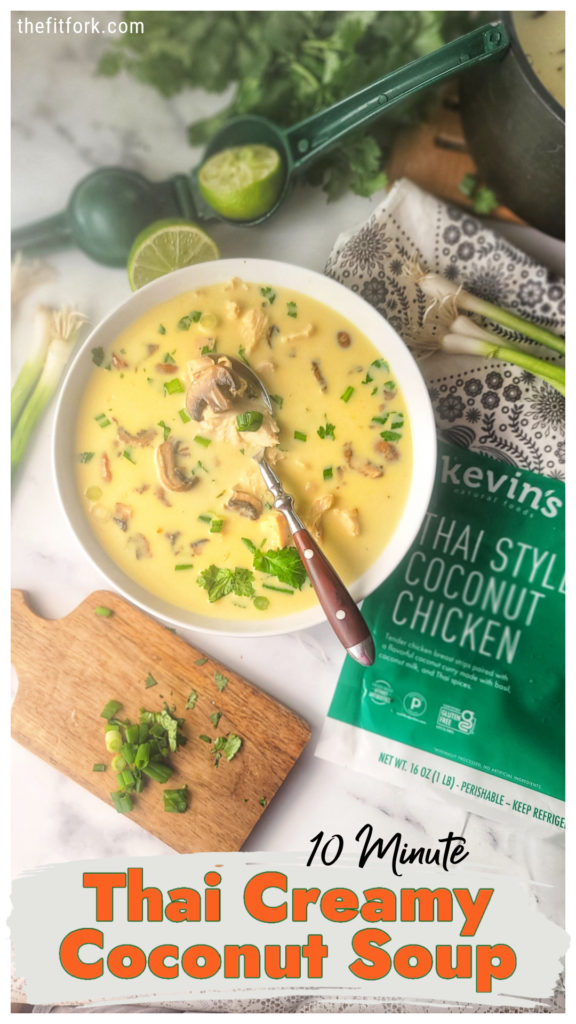 Enjoy a rich, creamy, amazingly flavorful Thai-inspired Creamy Coconut Chicken Soup in just 10 minutes thanks to entree kits from Kevin's Natural Foods! Paleo, So satisfying . .  plus Keto, and gluten-free! 
