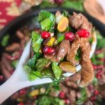 Succulent beef tips with spinach in a slightly sweet, slightly spicy sauce inspired by Korean bulgogi. The 10 minute dish is bejeweled with pomegranate arils and pistachios! It's festive, flavorful and a fit for your clean eating meal.