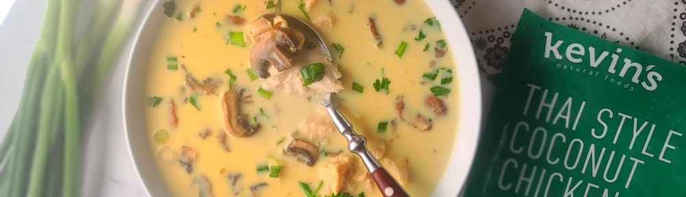 Enjoy a rich, creamy, amazingly flavorful Thai-inspired Creamy Coconut Chicken Soup in just 10 minutes thanks to entree kits from Kevin's Natural Foods! Paleo, So satisfying . . plus Keto, and gluten-free!
